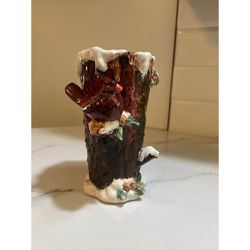 Vintage Ceramic Cardinal Tree Trunk Vase Winter Snow Woodland Christmas Decor